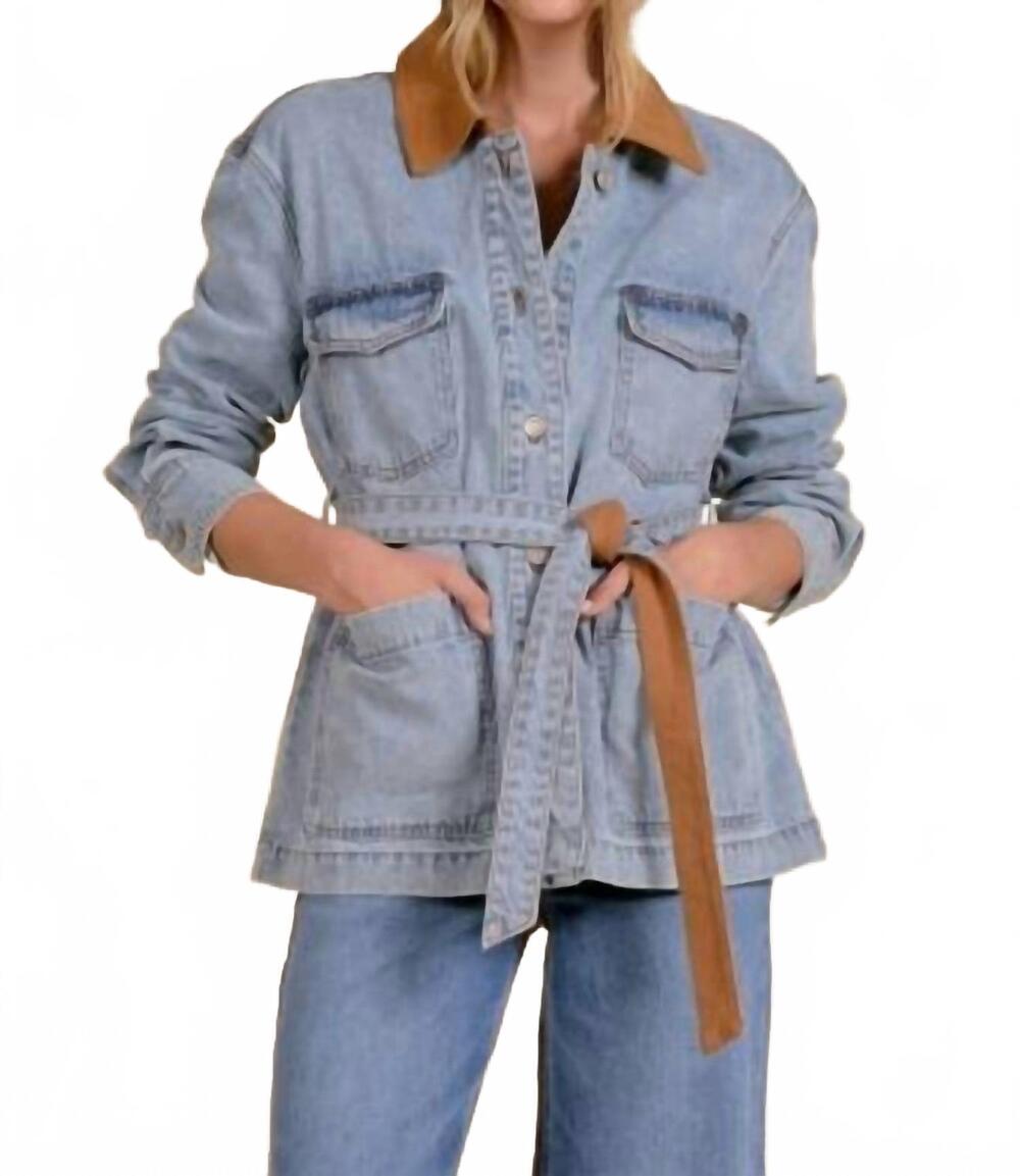 NEW ELAN tie waist contrast collar jacket in denim